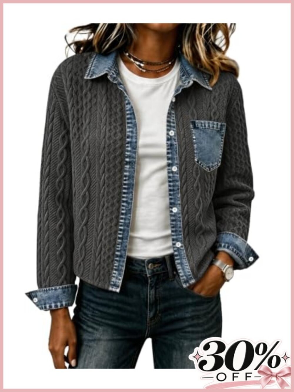 Cropped Denim Collared Bomber Jacket Cable Knit Shacket Long Sleeve